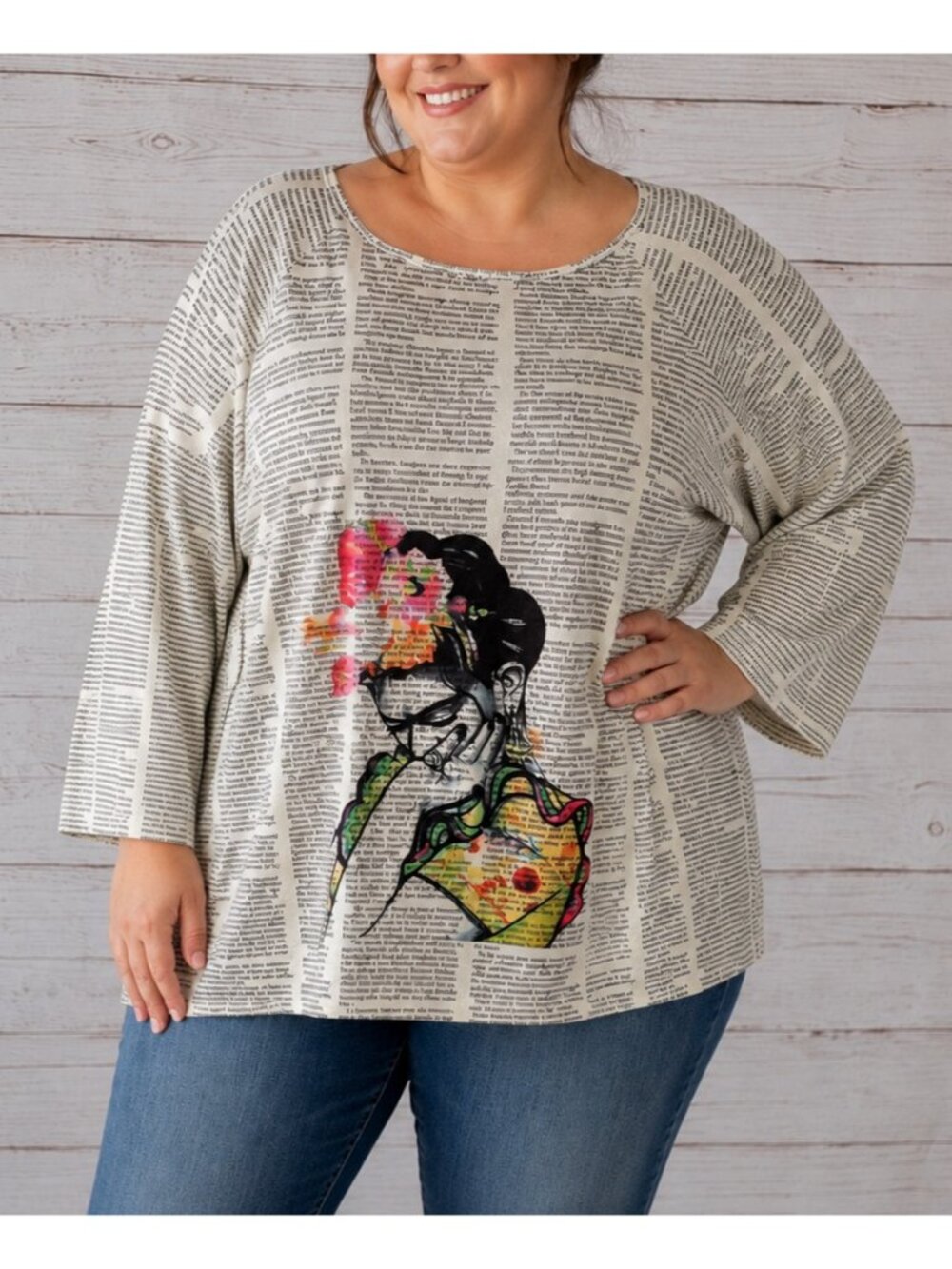 Retro Style Newspaper Print Friday Kahlo T-shirt Women White Long Sleeve Knit XL